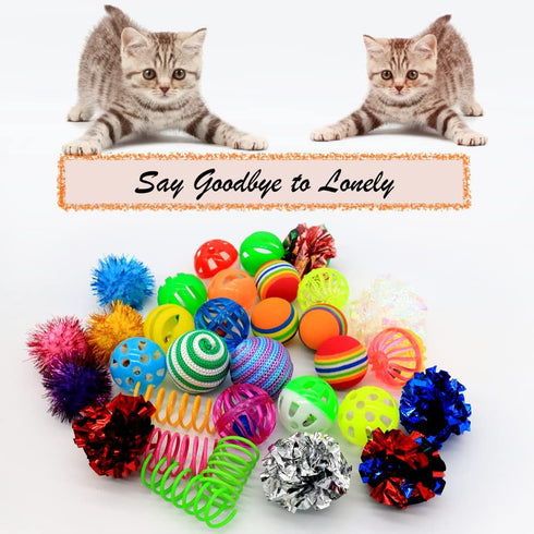 30 Pack LASOCUHOO Cat Toys Kitten Assortment - Rainbow, Crinkle, Sparkle, Bell & Sisal Balls for All Cats