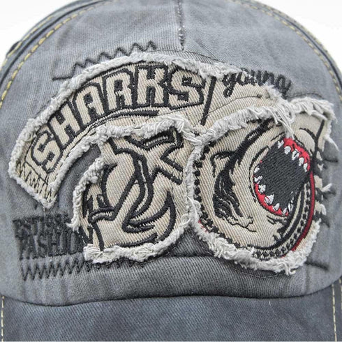 Vintage Baseball Cap, Denim Embroidered Shark Trucker Hat, Retro Frayed Edge Sunhat, 100% Cotton Outdoor
