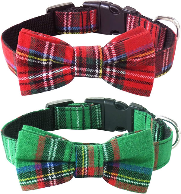 Malier Christmas Classic Plaid Dog Collar with Bow Tie, Adjustable Buckle for Small Medium Large Pets