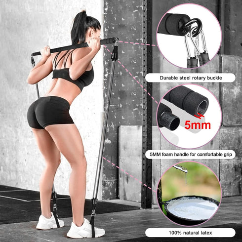 Plates Bar Kit with Resistance Band, Multifunctional Portable Weighted Exercise Pilates Bar for Home Gym