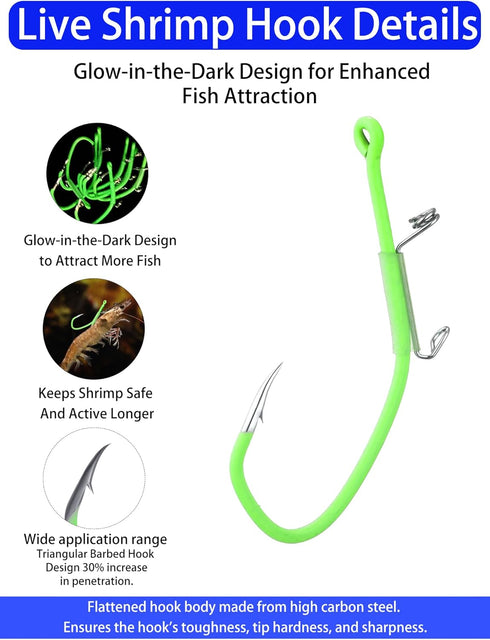 10/40 Packs Luminous Shrimp Hooks Saltwater Fishing Hooks - Premium Carbon Steel Barbed Corrosion Resistant for Big
