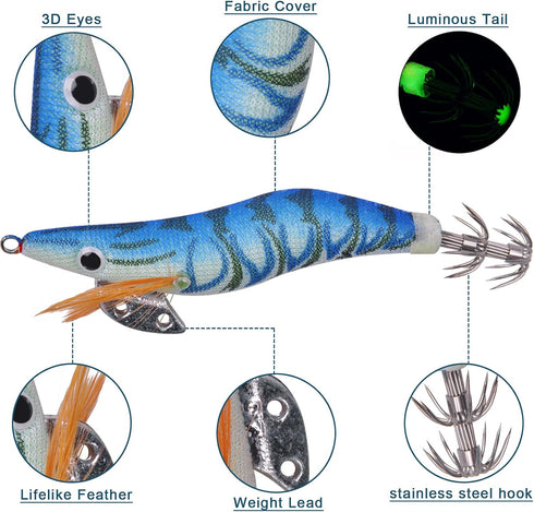 Glow Squid Jigs Saltwater Fishing Lures Kit, 10pcs Luminous Shrimp Prawn Lures for Cuttlefish Octopus Fishing