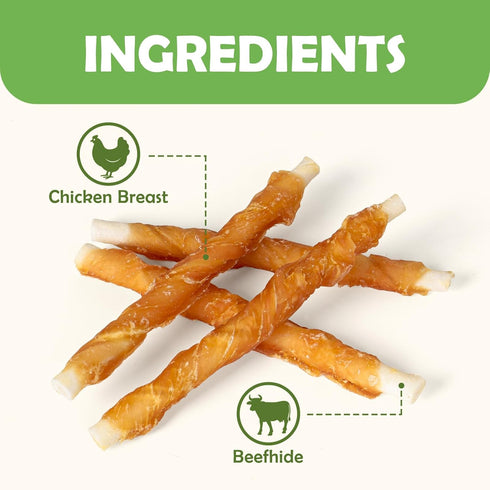 MON2SUN 5 Inch 14.11 oz) Dog Treats, Rawhide Twist Chicken Hide Sticks, Suitable for Puppy and Small Dogs, (Chicken