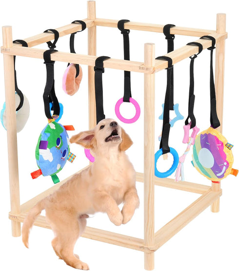 Sibosen Wooden Puppy Play Gym with 10 Hanging Toys for Small Dogs Indoor