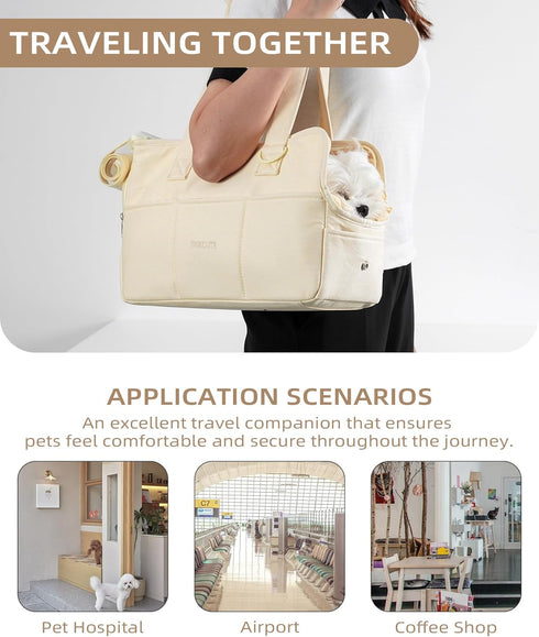 Soft-Sided Dog Carrier for Small Dogs and Cats, Collapsible Cotton Bag with Large Pockets (Beige, 13.6" L x 6.5" W x