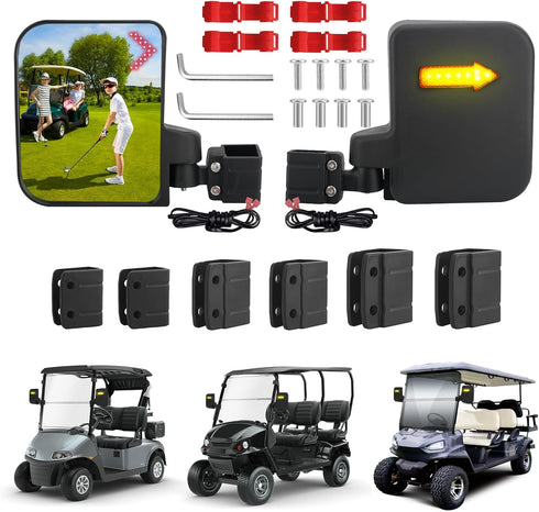 Golf Cart Side View Mirrors with Turn Signal Light - No Drilling Foldable Mirrors Compatible with Ezgo Yamaha ICON Club