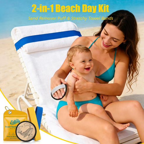 Exqusdy 2 1 in Sand Remover for Beach + Elastic Towel Bands for Cruise Chair Powder Puff with Talc-Free Formula