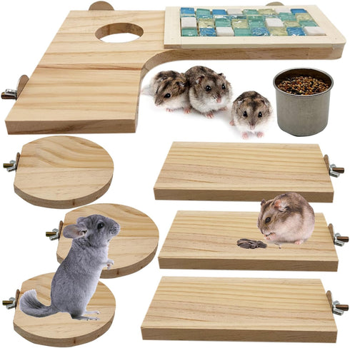 Niwaes Wooden Hamster Cage Platform Set 9 Pack Wood Juvenile Chinchilla Shelves, Squirrel