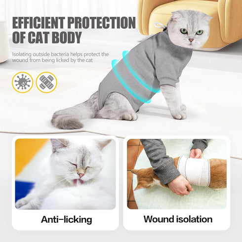 JOHNBOLIN Cat Surgery Recovery Suit, Protective Soft Cone Onesie Shirt for Female Male Pets (Grey, Large)