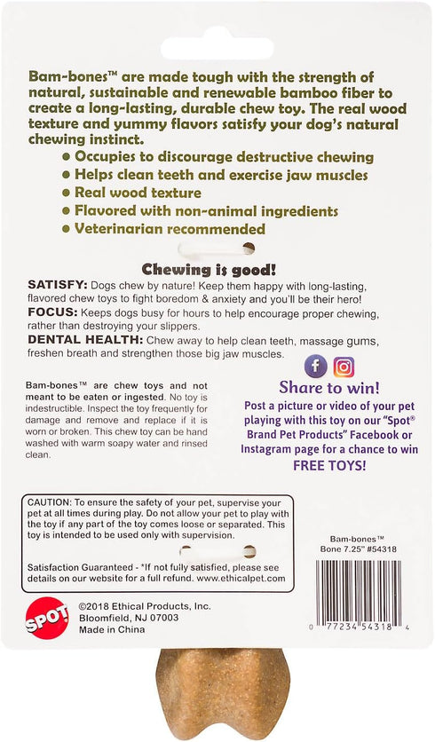 SPOT Bam-Bones Bone, 7.25in, Chicken Flavor - Durable Bamboo Fiber Dog Chew for Light to Moderate Chewers under 40lbs