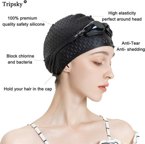 Tripsky Silicone Swim Cap, Comfortable Bathing Cap for Curly Short Medium Long Hair, Ideal for Swimming and Showering