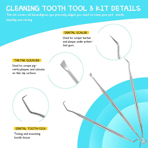 7 Pieces Dog Teeth Cleaning Kit, Includes Stainless Steel Tooth Scaler, Scraper, and 3 Head Dog Toothbrush