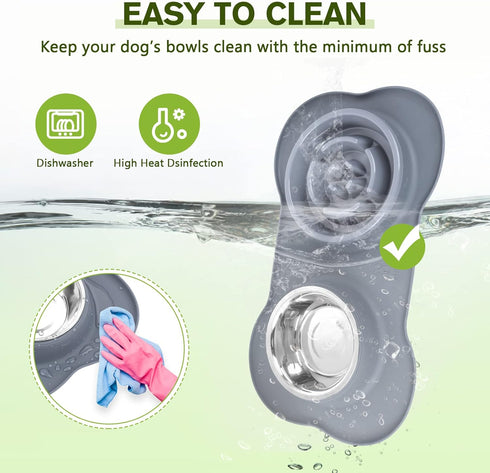 Pecute Slow Feeder Dog Bowls, Non-Spill Silicone Mat, Food-Grade Safe Bowls, Stainless Steel Water Bowl