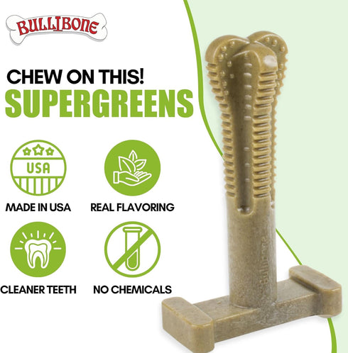 Bullibone SuperBrush: Long Lasting Dog Teeth Cleaning Toothbrush Stick - Super Greens Chew Toy for Oral Care