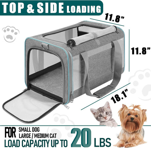 Pet Carrier for Large Cats 20 lbs+, Soft Sided Small Dog Travel Carrier, Top Load, Collapsible