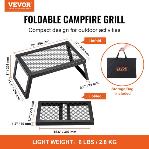 VEVOR Folding Campfire Grill, 18" Portable Camping Grates Over Fire Pit, Heavy Duty Steel Mesh Grate