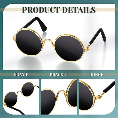 Dog Sunglasses - Retro Pet Glasses Classic Round Metal Eye Wear for Cats and Dogs, Cosplay Party Costume (Gold, Black)