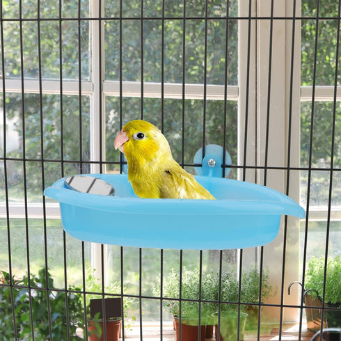 Hypeety Bird Bath with Mirror, Portable Bird Bathroom for Pet Parrots, Bathing Tub Accessories (Blue)