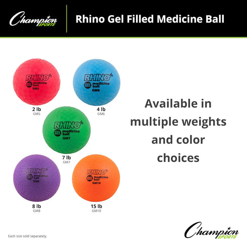 Champion Sports Rhino Gel Filled Medicine Ball Durable, Soft Grip Weighted Ball for Strength, Cardio, & Rebounder