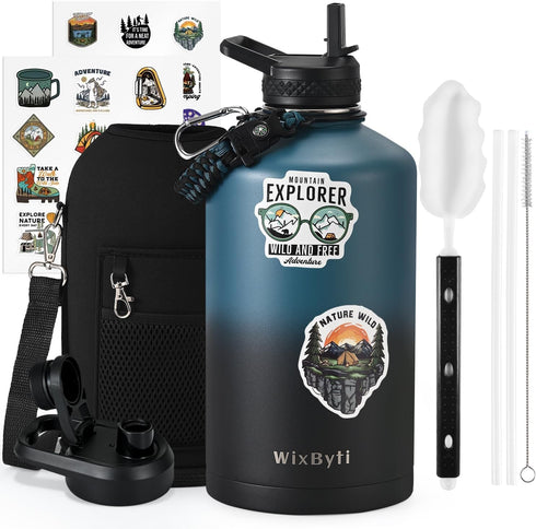 One Gallon Insulated Water Bottle with DIY Stickers, 128oz Large Sports Stainless Steel Jug, Triple Wall Vacuum Cold