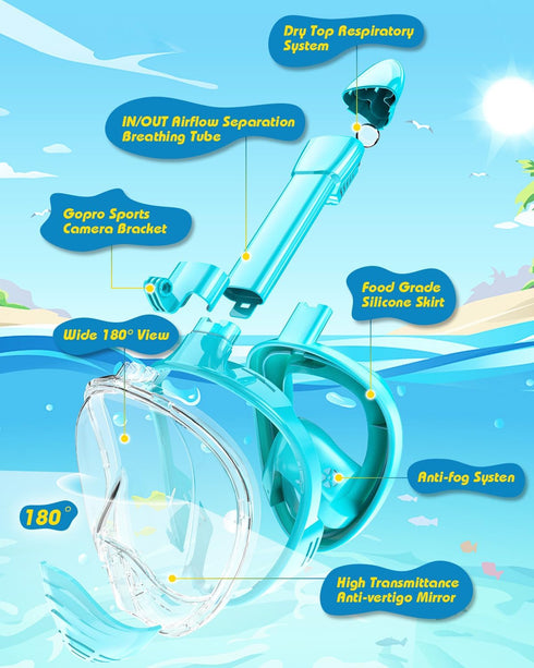 QingSong Kids Snorkel Mask, Full Face Snorkeling Set with Camera Mount, 180 Degree Panoramic View Gear