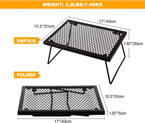 Folding Campfire Grill Grate, Portable Heavy Duty Steel Over Fire Camp Grill for Outdoor Cooking, Black