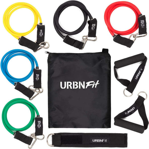 Resistance Bands Set (12 Piece) - Includes Door Anchor, Ankle, Wrist Strap, Exercise Guide and Carrying Bag