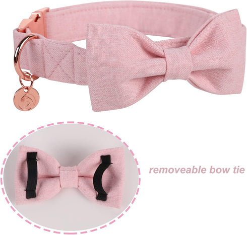 DOGWONG Cotton Dog Collar with Bow, Durable Adjustable Pink Pet Collar for Small Medium Large Dogs