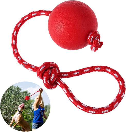 UEETEK Red Dog Training Ball on Rope: 2.95 Inch Diameter Rubber Toy for Puppy Fetch Catch Throw Training