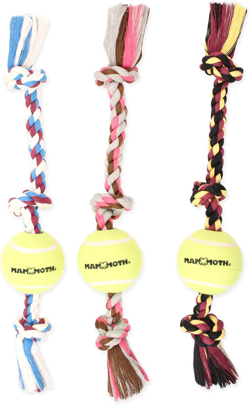 Mammoth Flossy Chews Color 3 Knot Tug with Large Tennis Ball - Premium Cotton-Poly Tug Toy for Large Dogs - 24”