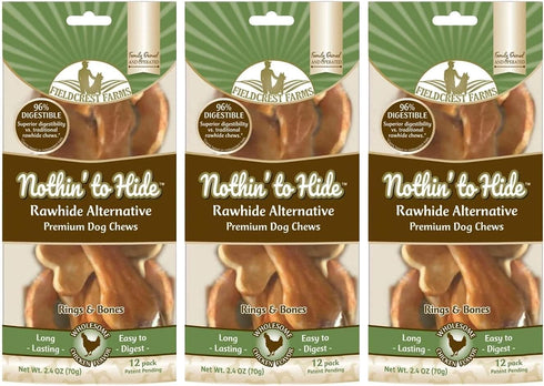 Fieldcrest Farms 3 Pack of Nothin' to Hide Chicken Rings and Bones, 12 Count Each, Rawhide Alternative Chews