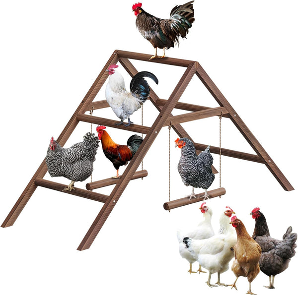 Vorhomness Pine Wood Chicken Perch with 2 Swings & Ladder, Multi-Level Chicken Roosting