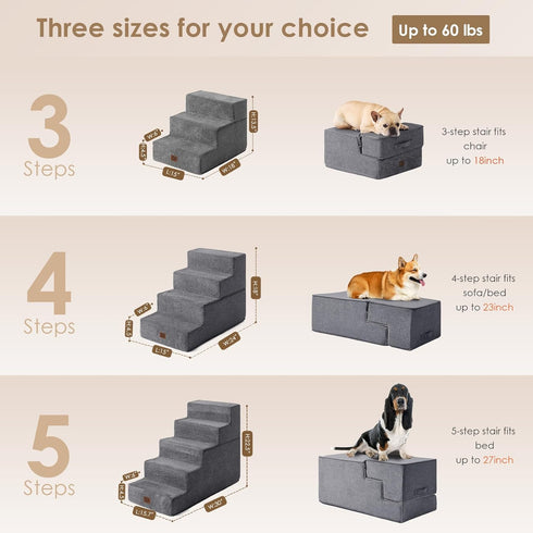 EHEYCIGA 4-Step Dog Stairs for Bed, 18”H, Non-Slip Indoor Ramp for Small Dogs and Cats, Grey