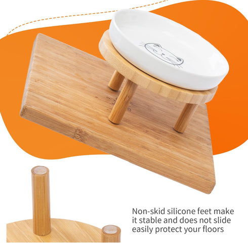 Shallow Elevated Cat Bowls, 5.9 Inch Wide Raised Ceramic Dishes with Bamboo Stand, Whisker Friendly Feeding Station,