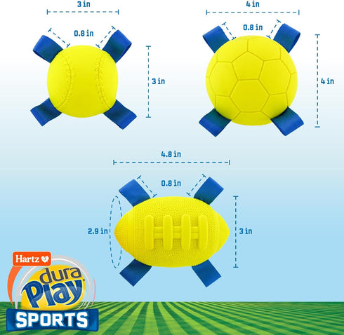 3 Count Hartz Dura Play Sports Ball Variety Dog Toy, Bacon Scented Squeaky Latex Yellow & Blue Toy