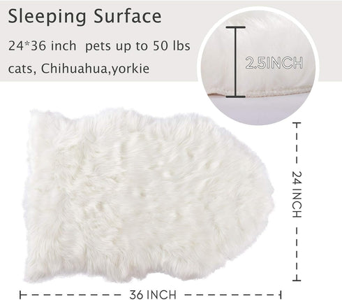 Faux Fur Dog Bed Rug, Plush Fluffy Mat for Dogs and Cats, Luxury Soft Faux Sheepskin Area Rug, White, 24 by 36 inches