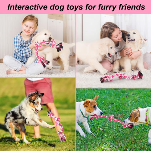 Dog Rope Toys - 3 Knots Chew Rope Toy for Medium and Small Dogs, Natural Cotton for Tug of War and Teeth Cleaning (Pink)
