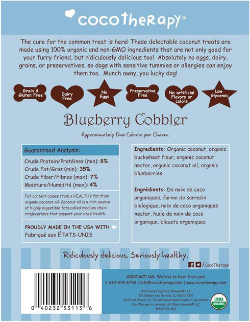 CocoTherapy Blueberry Cobbler Coco-Charms Dog Training Treats, 5 Ounces, Organic, Made in The USA (3 Pack)