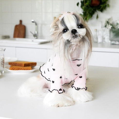 Heart Print Shirt for Small Dogs & Cats, Stretchable Ruffle Long Sleeve Outfits for Chihuahua, Schnauzer, Shih Tzu,