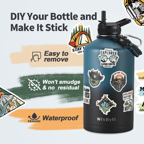 One Gallon Insulated Water Bottle with DIY Stickers, 128oz Large Sports Stainless Steel Jug, Triple Wall Vacuum Cold
