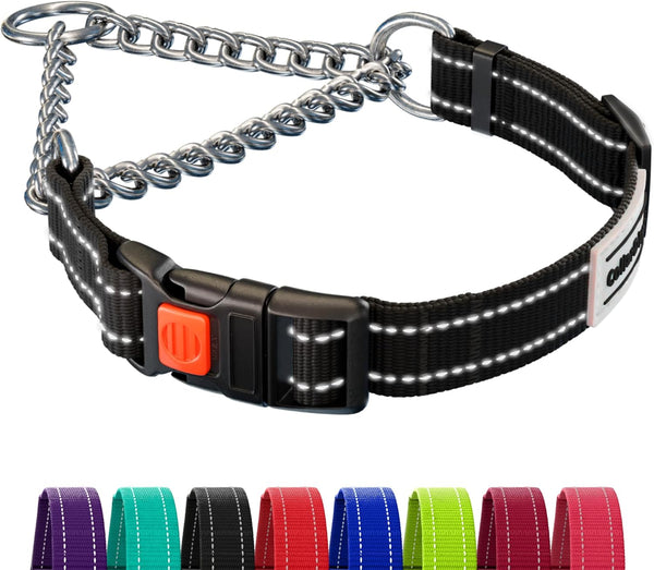 CollarDirect Martingale Dog Collar, Stainless Steel Chain and Quick Release Buckle, Reflective Collar for Dogs, Black
