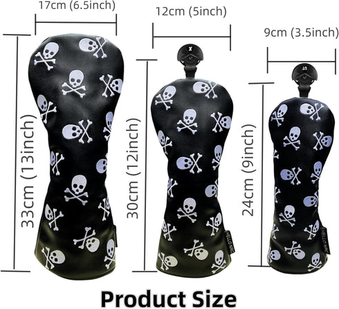Golf Club Headcover for 3 Wood, Hybrid, Skulls Embroidery, Premium Leather, Magnetic Closure