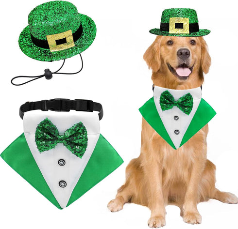 2 PCS St. Patrick's Day Dog Costume Bandana and Top Hat, Green Bow Tie Tux Clothes for Dogs and Cats (Large).