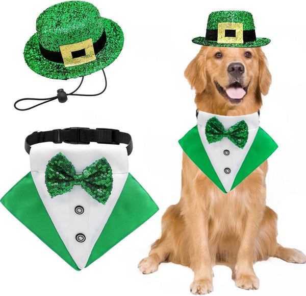 2 PCS St. Patrick's Day Dog Costume Bandana and Top Hat, Green Bow Tie Tux Clothes for Dogs and Cats (Large).
