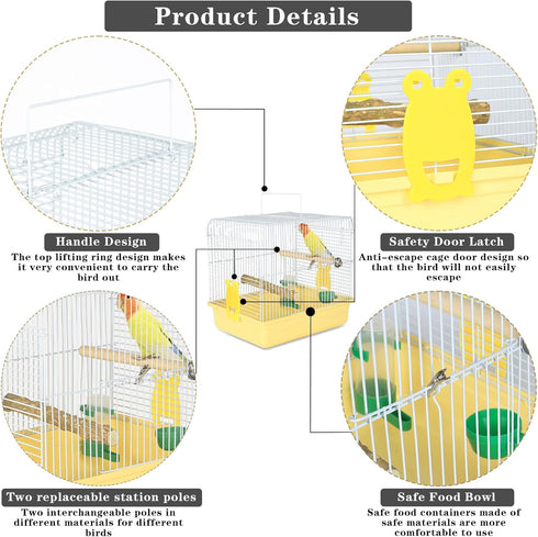 Portable Bird Cage for Small Birds - Parrot Lovebird Carrier for Travel with Food Box & Water Fountain