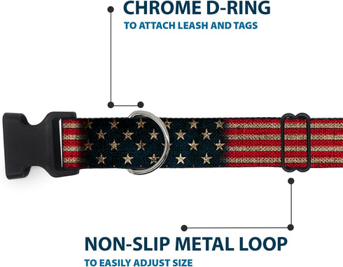 Buckle-Down Plastic Clip Collar - Vintage US Flag Stretch, 1/2" Wide, Fits 9-15" Neck - Large