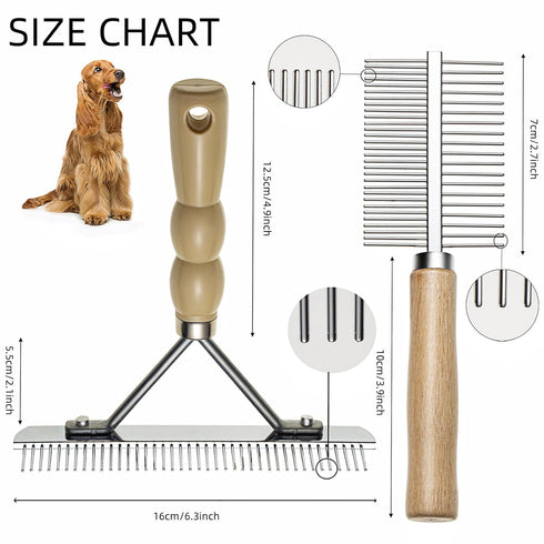 Undercoat Rake for Dogs, 3 Pack Grooming Brush Set with Long Tooth Rake, Double-Sided Comb & Stainless Steel Shedding