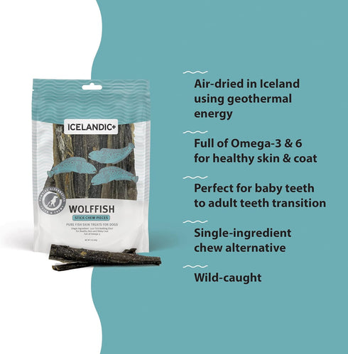 Icelandic+ Stick Chew Pieces: Wolffish, 3oz Bag of Pure Fish Skin Dog Treats, Wild-Caught & Air-Dried