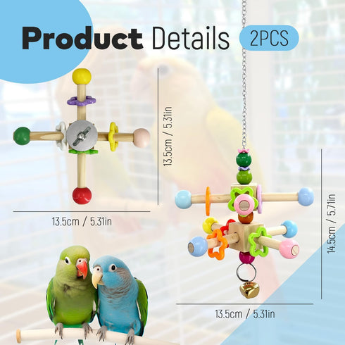FALESHOS 2 Pcs Parakeet Toys, Natural Wood Spinner with Bells, Hanging Cage Accessories for Small Moderate Birds