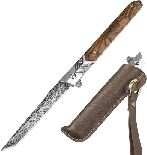 Pocket Knife for Men, Tanto Folding Knife with Sheath, Slim Gentleman's EDC Knives for Outdoor